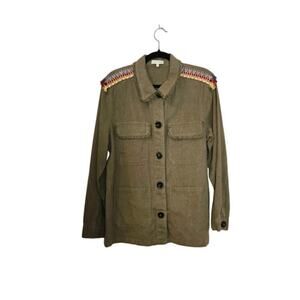 Moon River Women's Embroidered Utility Jacket Size Small Olive Green Fringe Boho
